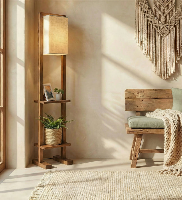 Biped Wooden Floor Lamp with Brown Base and Beige Fabric Lampshade