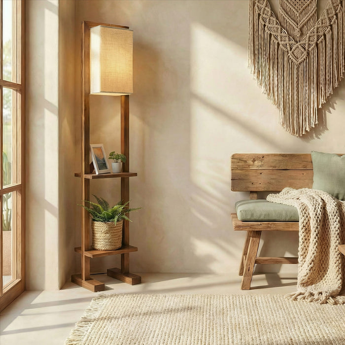 Biped Wooden Floor Lamp with Brown Base and Beige Fabric Lampshade