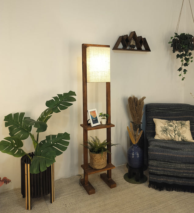 Biped Wooden Floor Lamp with Brown Base and Beige Fabric Lampshade