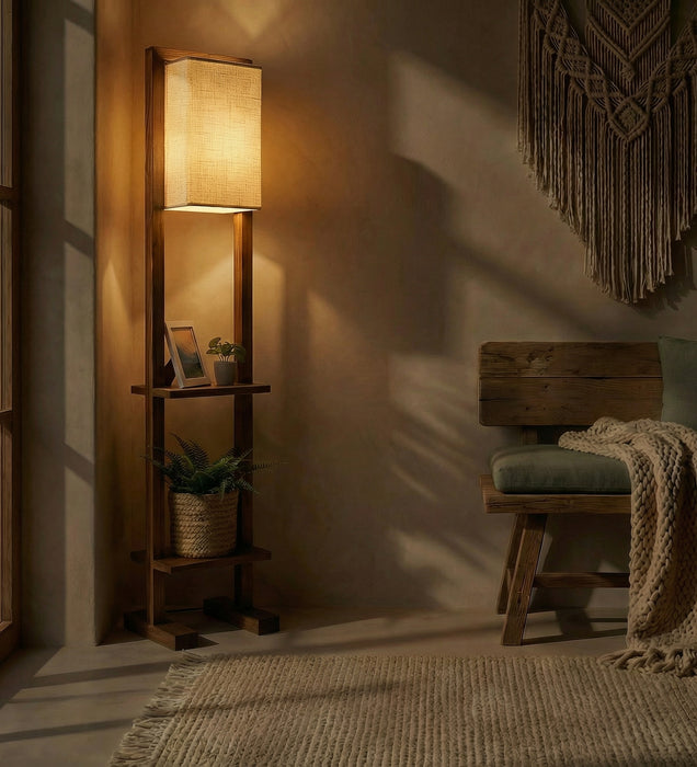 Biped Wooden Floor Lamp with Brown Base and Beige Fabric Lampshade