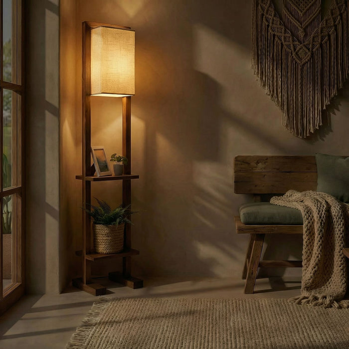 Biped Wooden Floor Lamp with Brown Base and Beige Fabric Lampshade