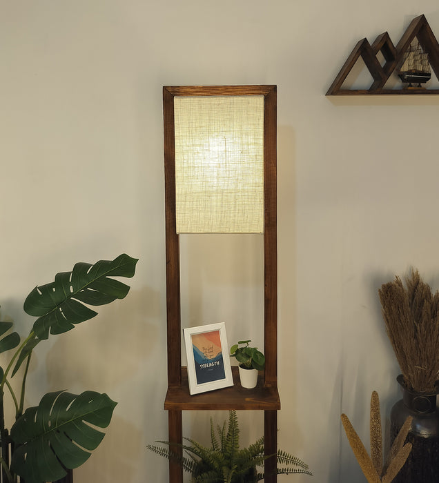 Biped Wooden Floor Lamp with Brown Base and Beige Fabric Lampshade