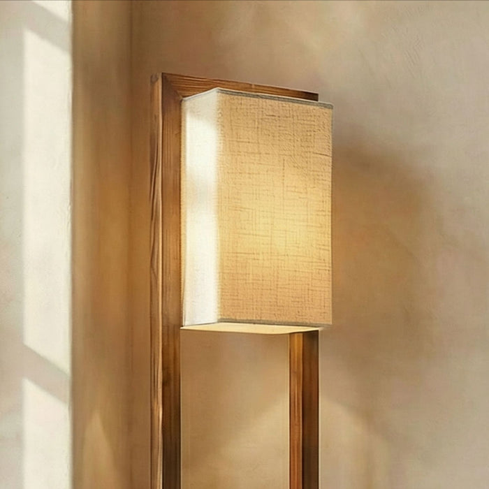 Biped Wooden Floor Lamp with Brown Base and Beige Fabric Lampshade