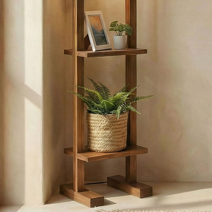 Biped Wooden Floor Lamp with Brown Base and Beige Fabric Lampshade