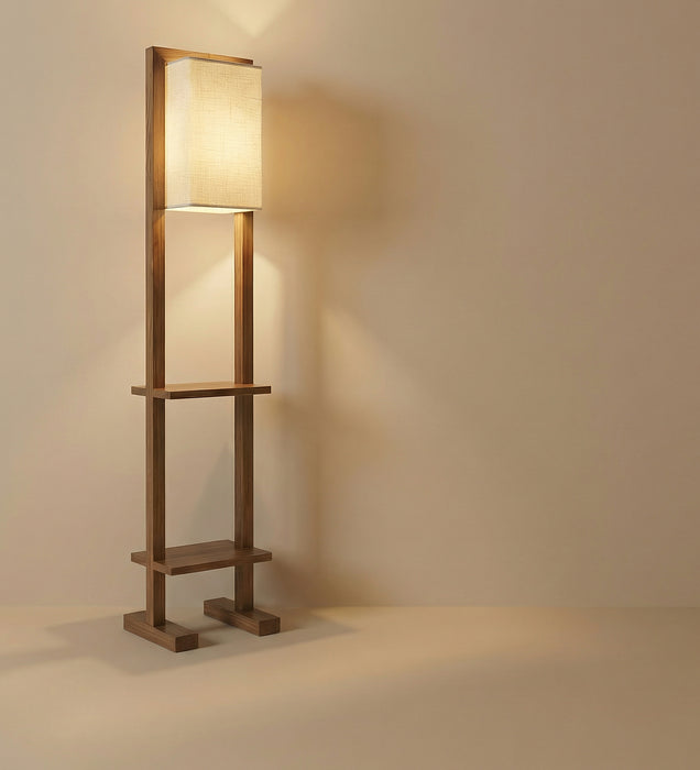 Biped Wooden Floor Lamp with Brown Base and Beige Fabric Lampshade