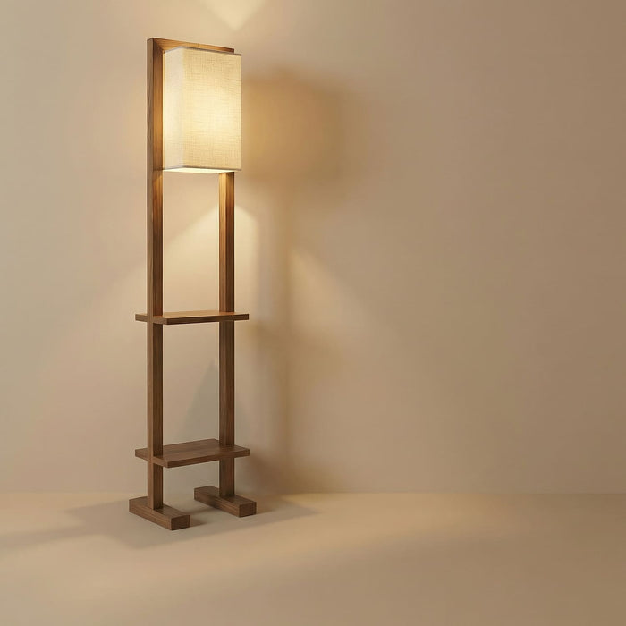 Biped Wooden Floor Lamp with Brown Base and Beige Fabric Lampshade