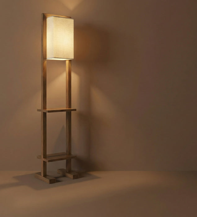 Biped Wooden Floor Lamp with Brown Base and Beige Fabric Lampshade