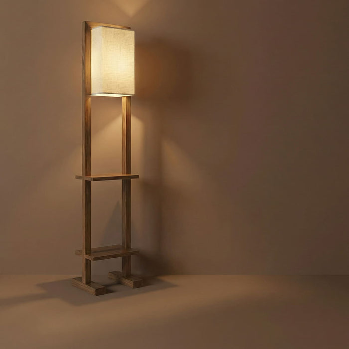 Biped Wooden Floor Lamp with Brown Base and Beige Fabric Lampshade