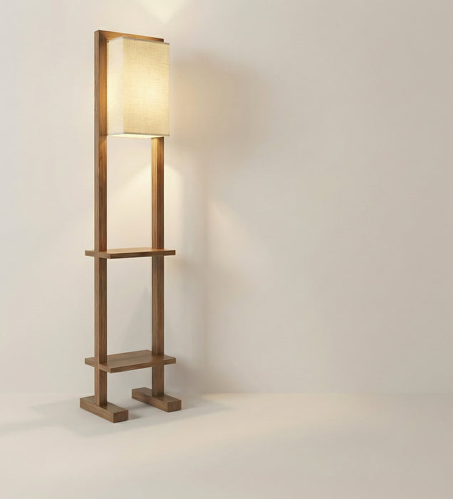 Biped Wooden Floor Lamp with Brown Base and Beige Fabric Lampshade