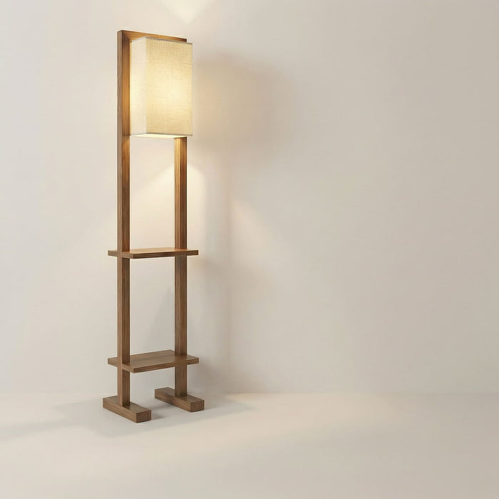 Biped Wooden Floor Lamp with Brown Base and Beige Fabric Lampshade