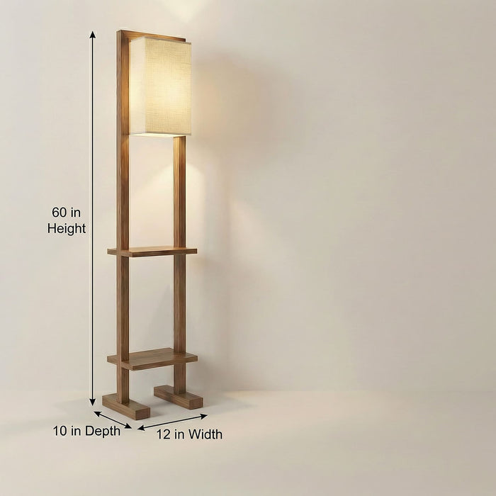 Biped Wooden Floor Lamp with Brown Base and Beige Fabric Lampshade