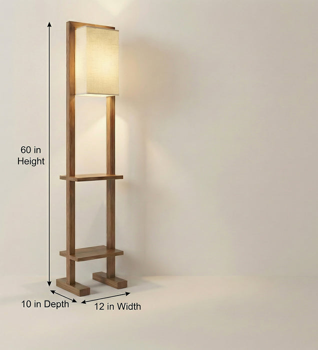 Biped Wooden Floor Lamp with Brown Base and Beige Fabric Lampshade