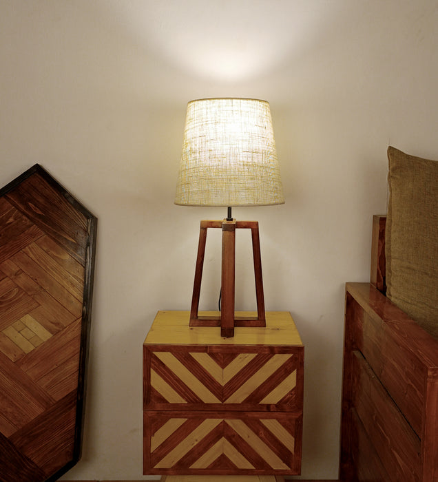 Blender Brown Wooden Table Lamp with White Fabric Lampshade