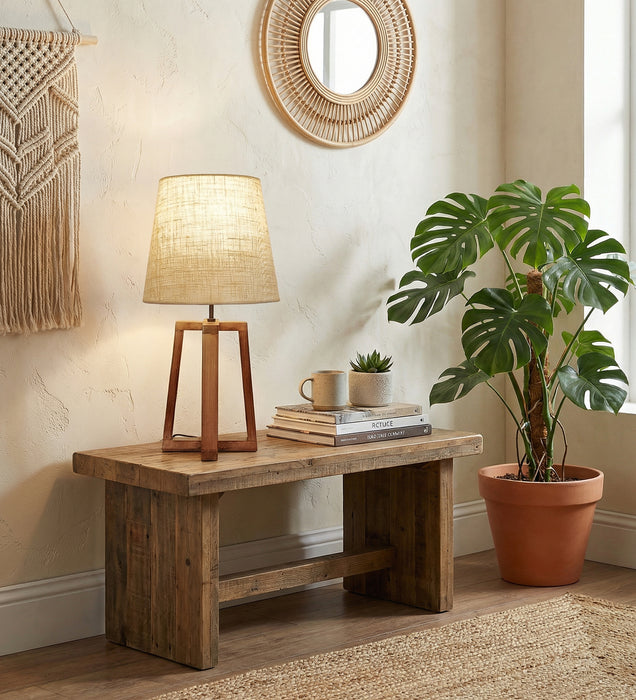 Blender Brown Wooden Table Lamp with White Fabric Lampshade