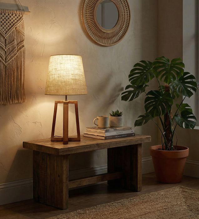 Blender Brown Wooden Table Lamp with White Fabric Lampshade
