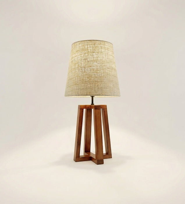 Blender Brown Wooden Table Lamp with White Fabric Lampshade