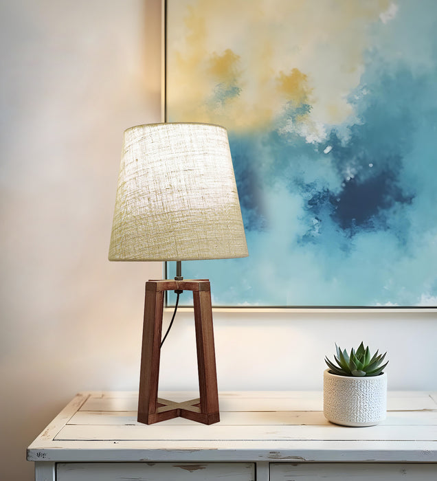 Blender Brown Wooden Table Lamp with White Fabric Lampshade