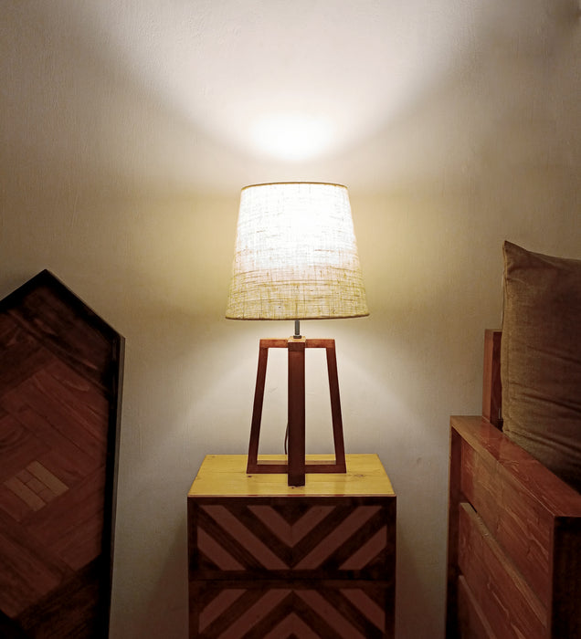 Blender Brown Wooden Table Lamp with White Fabric Lampshade