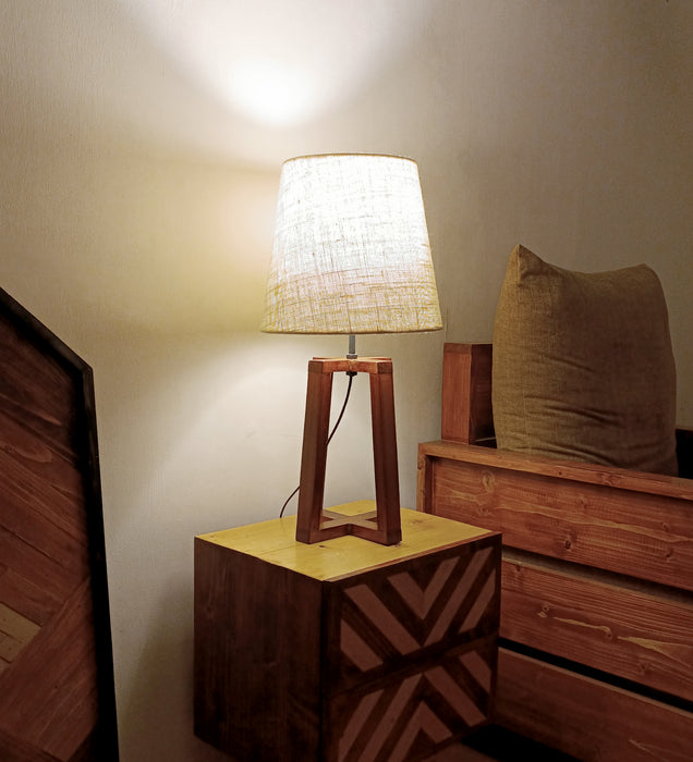 Blender Brown Wooden Table Lamp with White Fabric Lampshade