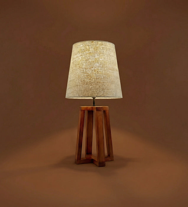 Blender Brown Wooden Table Lamp with White Fabric Lampshade