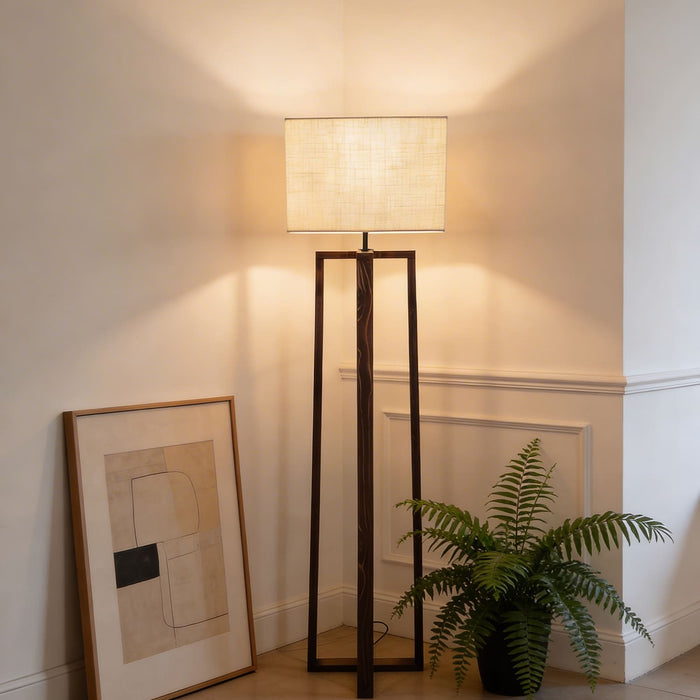 Blender Wooden Floor Lamp With Brown Base and Beige Fabric Lampshade