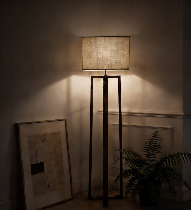 Blender Wooden Floor Lamp With Brown Base and Beige Fabric Lampshade