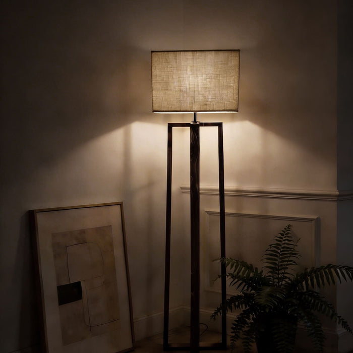 Blender Wooden Floor Lamp With Brown Base and Beige Fabric Lampshade
