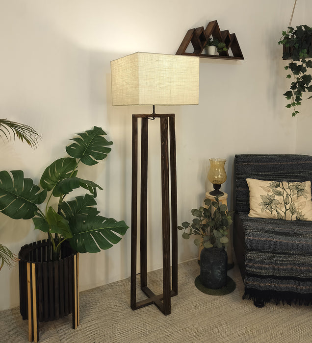 Blender Wooden Floor Lamp With Brown Base and Beige Fabric Lampshade