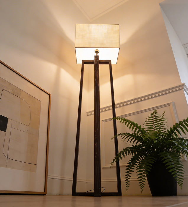 Blender Wooden Floor Lamp With Brown Base and Beige Fabric Lampshade