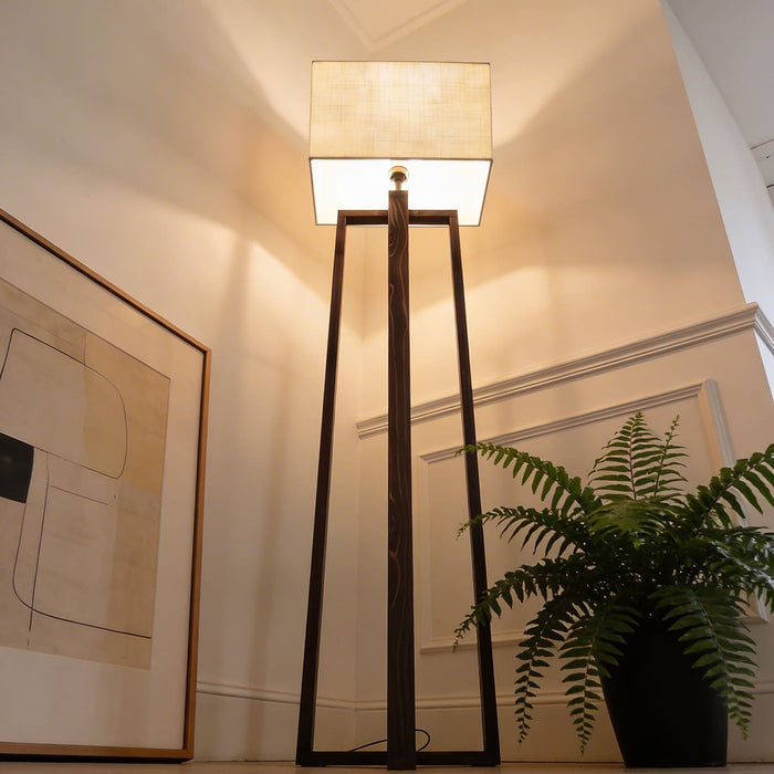 Blender Wooden Floor Lamp With Brown Base and Beige Fabric Lampshade