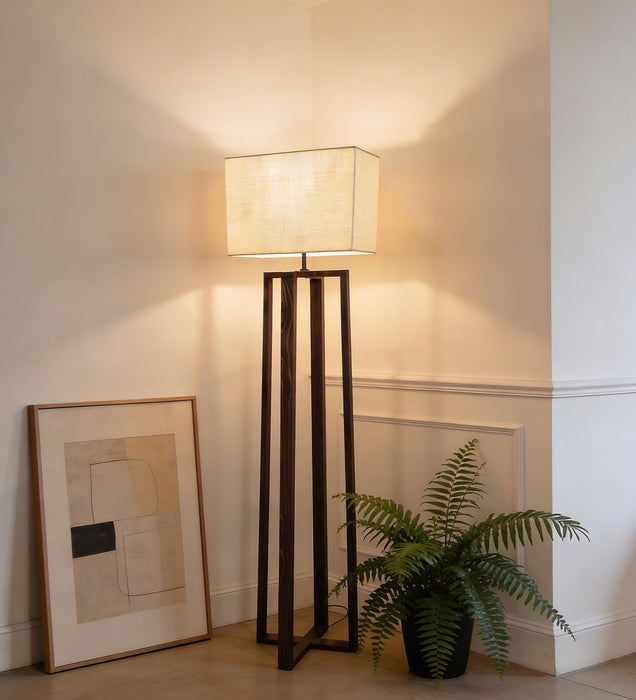 Blender Wooden Floor Lamp With Brown Base and Beige Fabric Lampshade