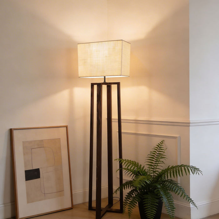 Blender Wooden Floor Lamp With Brown Base and Beige Fabric Lampshade