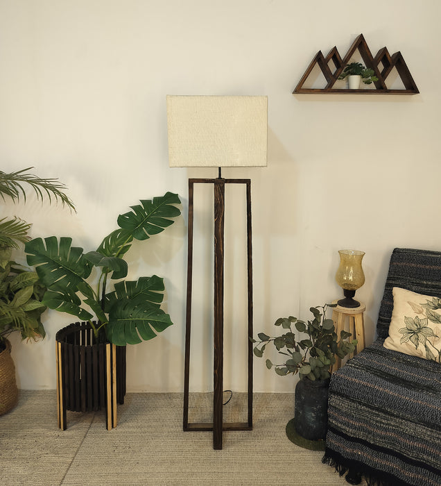 Blender Wooden Floor Lamp With Brown Base and Beige Fabric Lampshade