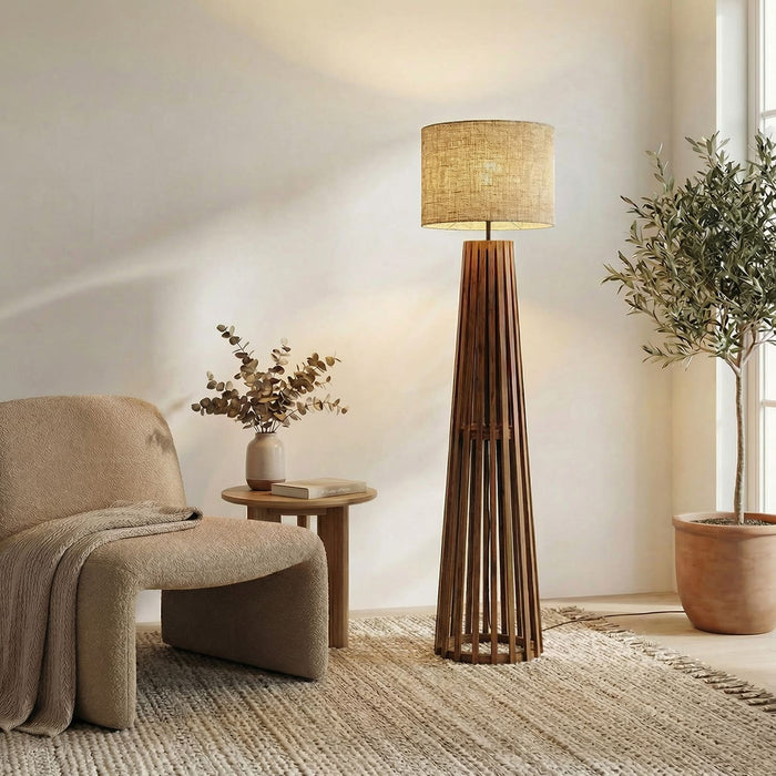 Boho Wooden Floor Lamp with Brown Base and Beige Fabric Lampshade