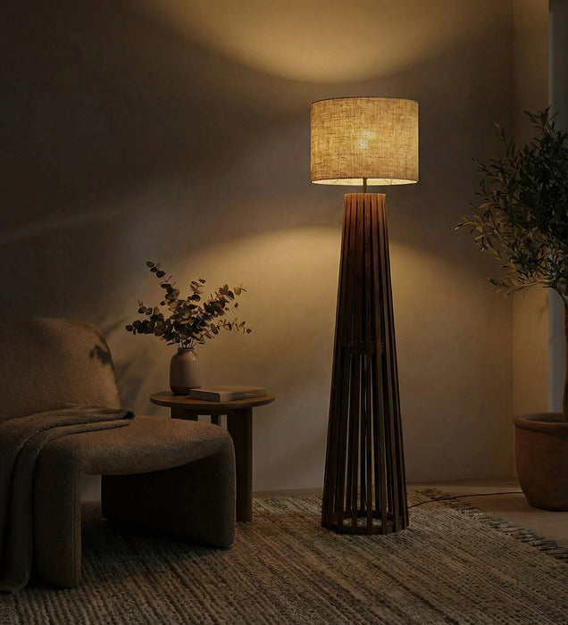 Boho Wooden Floor Lamp with Brown Base and Beige Fabric Lampshade