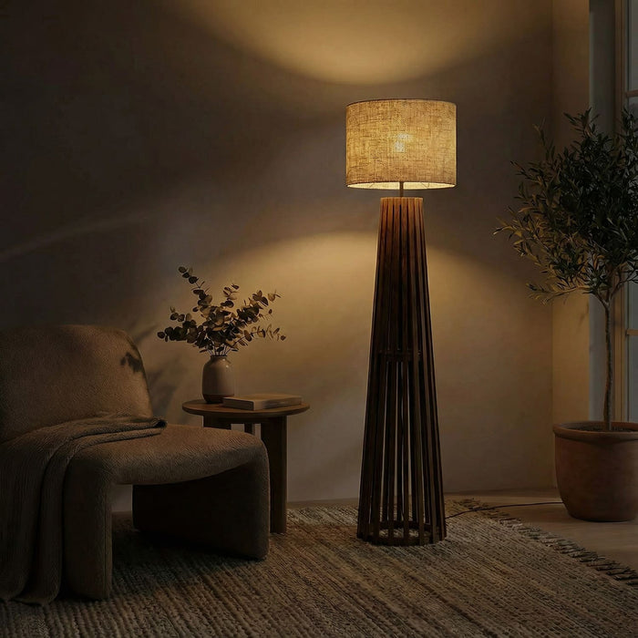 Boho Wooden Floor Lamp with Brown Base and Beige Fabric Lampshade