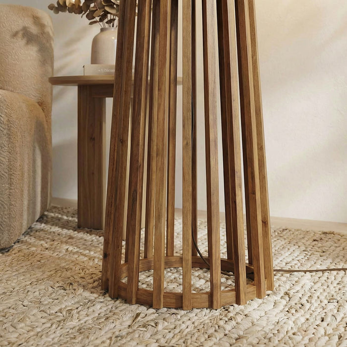 Boho Wooden Floor Lamp with Brown Base and Beige Fabric Lampshade