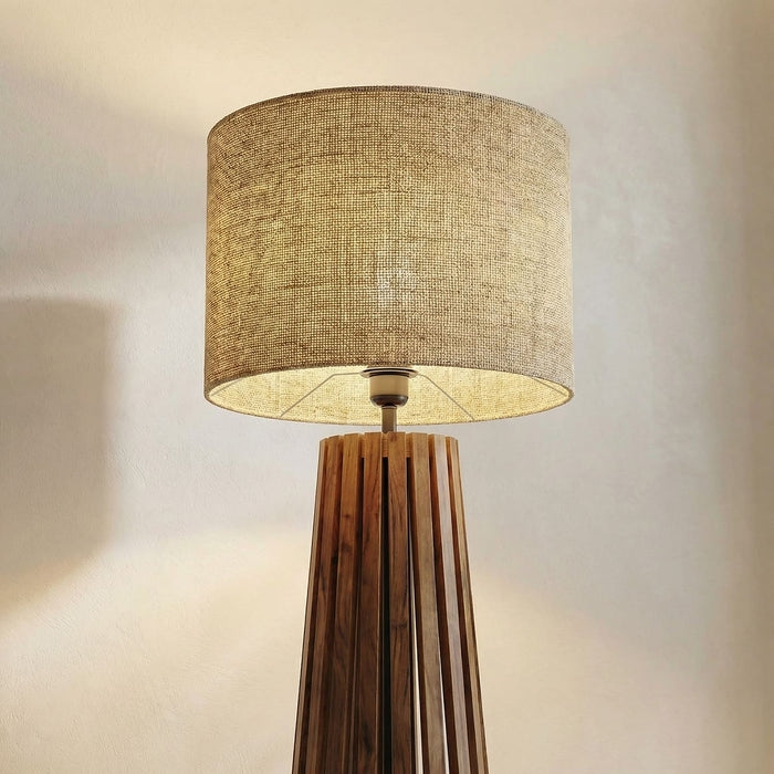 Boho Wooden Floor Lamp with Brown Base and Beige Fabric Lampshade