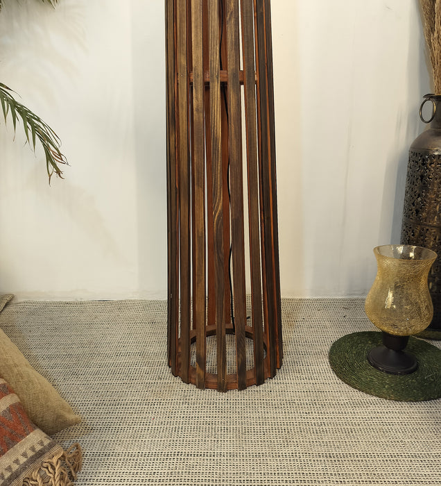 Boho Wooden Floor Lamp with Brown Base and Beige Fabric Lampshade