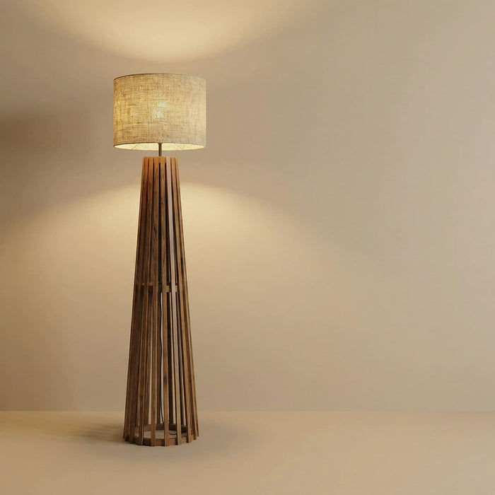 Boho Wooden Floor Lamp with Brown Base and Beige Fabric Lampshade