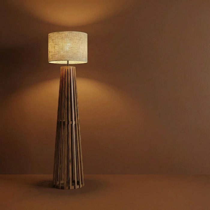 Boho Wooden Floor Lamp with Brown Base and Beige Fabric Lampshade