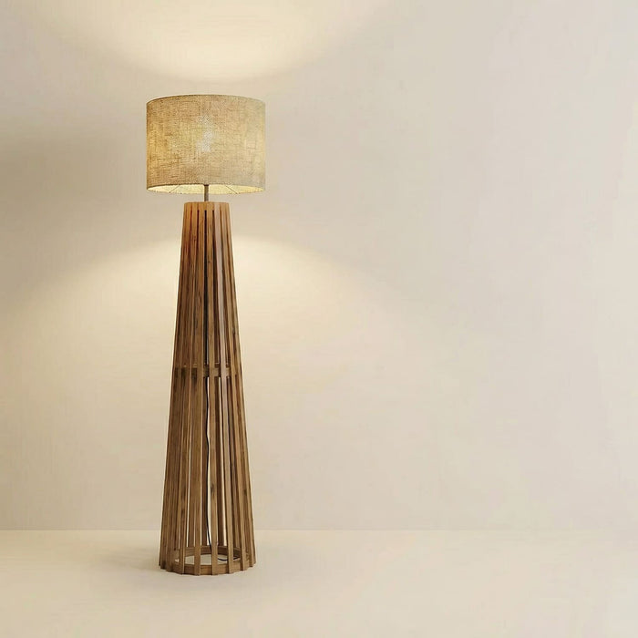 Boho Wooden Floor Lamp with Brown Base and Beige Fabric Lampshade