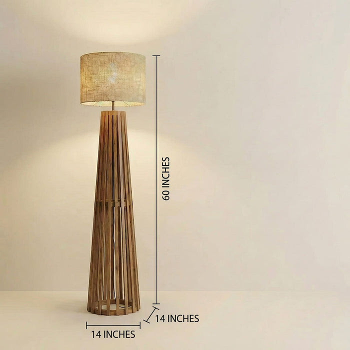 Boho Wooden Floor Lamp with Brown Base and Beige Fabric Lampshade