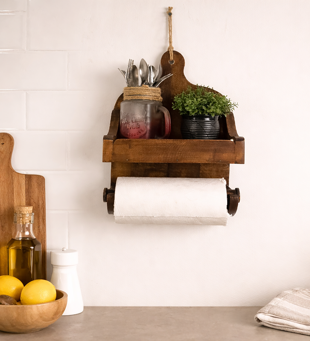 CELIA Wooden Wall Shelf Organiser with Kitchen Roll Holder
