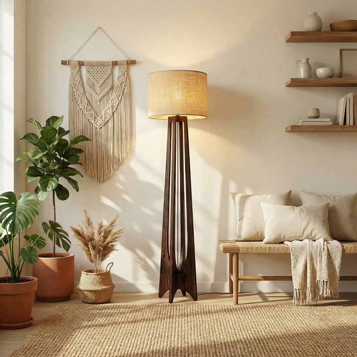 Camille Wooden Floor Lamp with Brown Base and Jute Fabric Lampshade