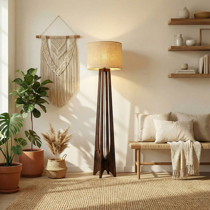Camille Wooden Floor Lamp with Brown Base and Jute Fabric Lampshade