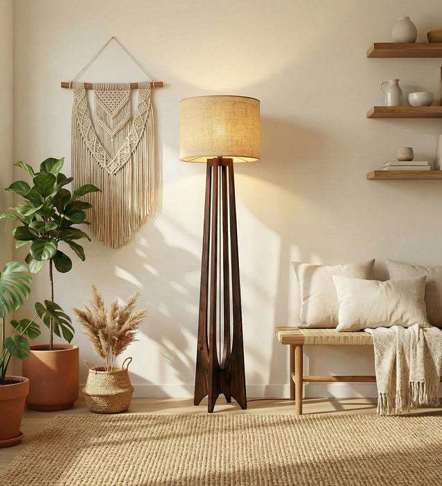 Camille Wooden Floor Lamp with Brown Base and Jute Fabric Lampshade
