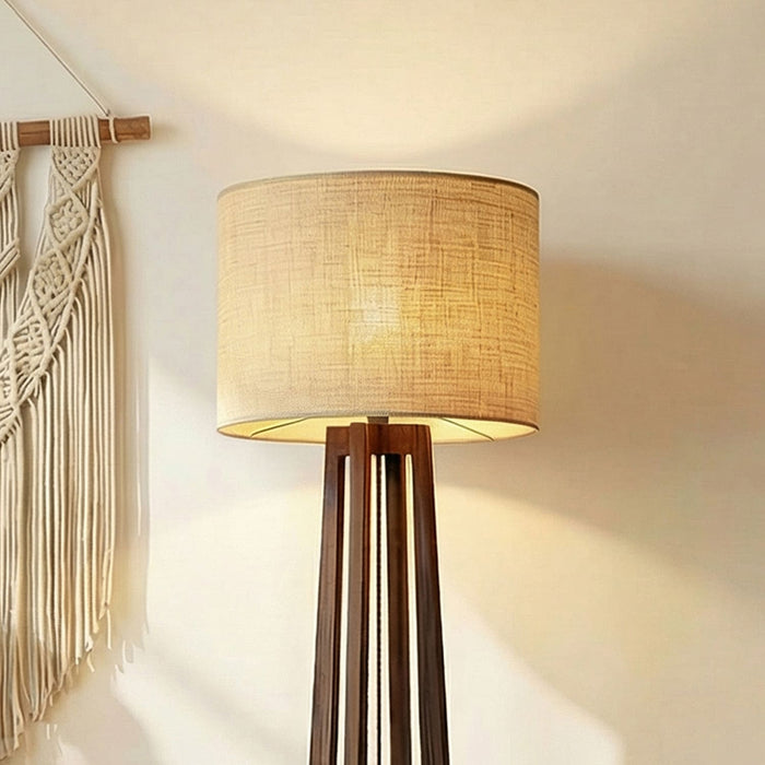 Camille Wooden Floor Lamp with Brown Base and Jute Fabric Lampshade
