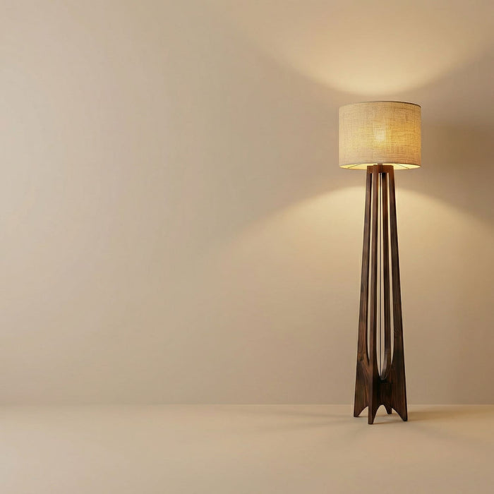 Camille Wooden Floor Lamp with Brown Base and Jute Fabric Lampshade