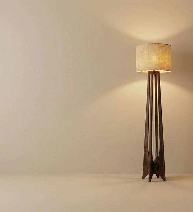 Camille Wooden Floor Lamp with Brown Base and Jute Fabric Lampshade